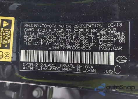 2013 Lexus Es 350 z USA, uszkodzony, nr VIN JTHBK1GG8D2064503